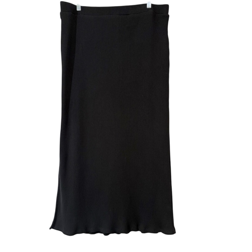 Old Navy Black Ribbed Midi Skirt XL Side Slit Stretch Pull On Knit